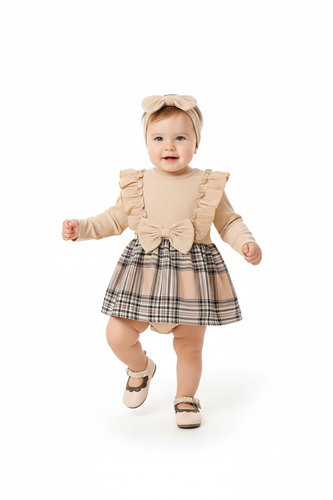 Romper Robe Bébé Fille Côtelé Beige Volants Nœud Jupe à Carreaux avec Bandeau - 2 Pièces