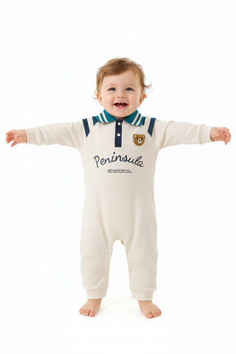 Romper Bébé Garçon Côtelé Beige Peninsula Col Polo Rayé Bleu Patch Ours - Grenouillère Manches Longues