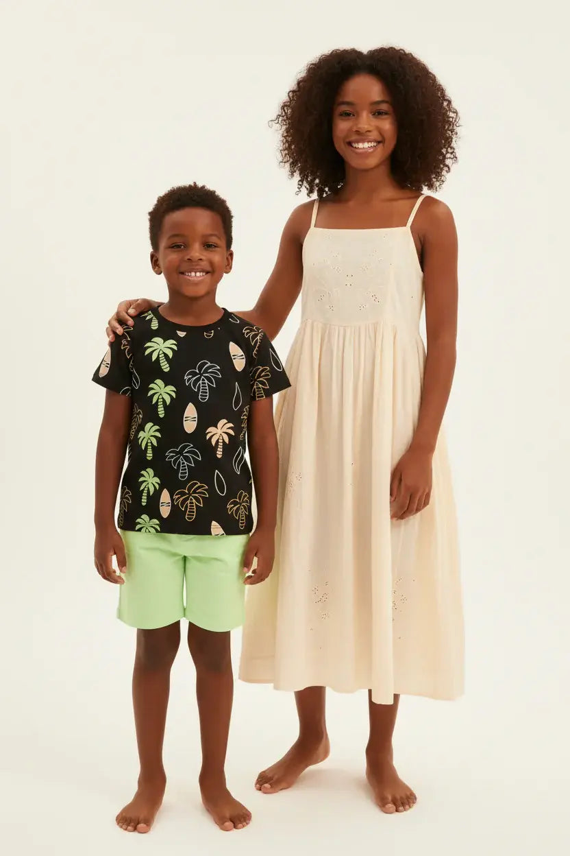 Maman et garçon en ensemble palmiers tropicaux BabyCoton — t-shirt noir imprimé palmiers surf et short vert fluo, moment complice fond blanc