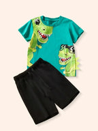Ensemble 2 pièces Dinosaures Cartoon — T-shirt turquoise T-rex & short noir garçon