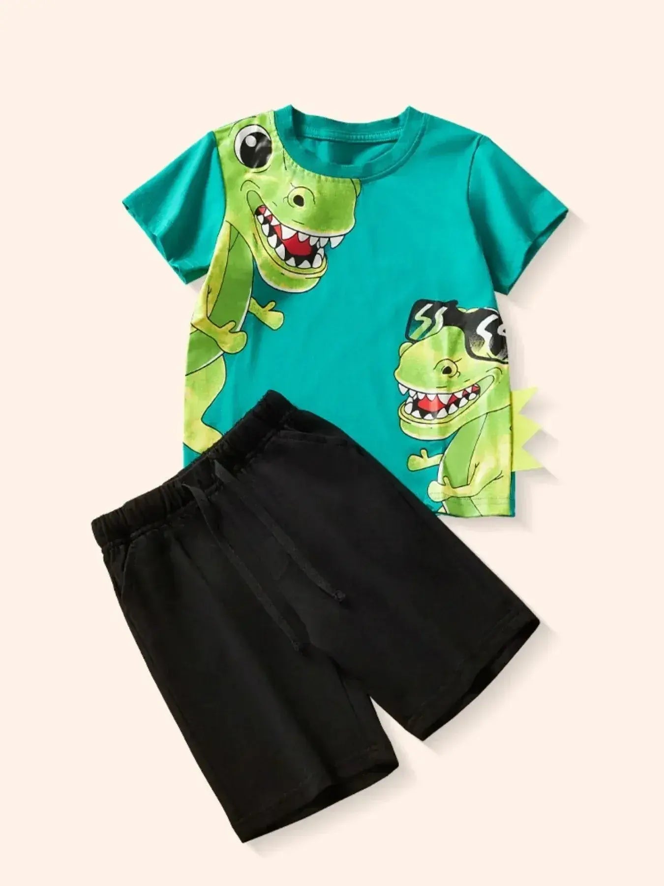Ensemble 2 pièces Dinosaures Cartoon — T-shirt turquoise T-rex & short noir garçon