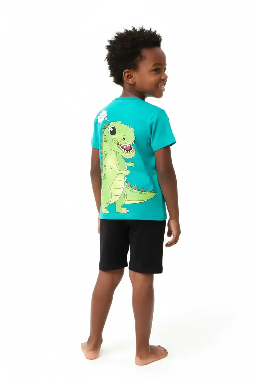 	Vue de dos garçon en ensemble dinosaures turquoise BabyCoton — t-shirt turquoise et short noir uni drawstring, fond blanc