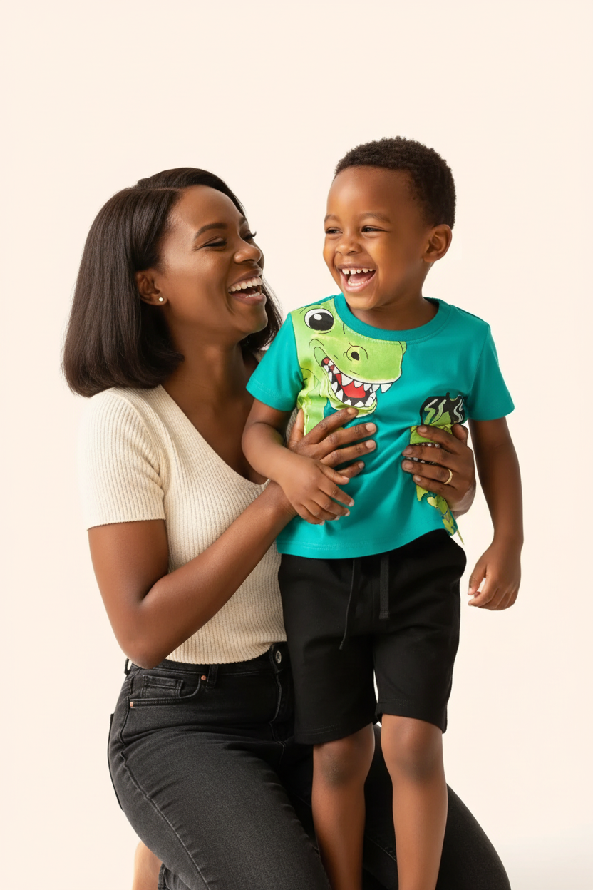 	Maman serrant son garçon — ensemble dinosaures turquoise BabyCoton, t-shirt T-rex cartoon et short noir uni, fond blanc