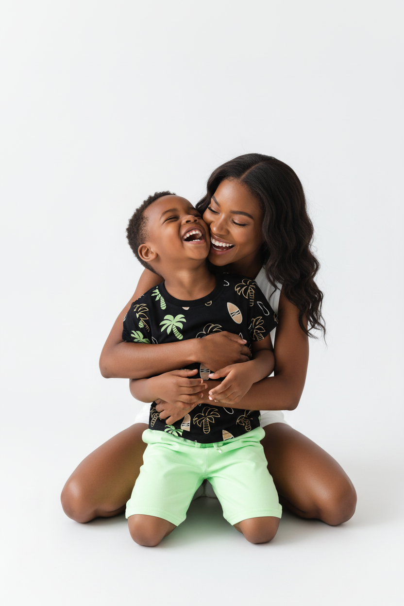 Maman serrant son garçon — ensemble palmiers tropicaux BabyCoton, t-shirt noir imprimé palmiers et short vert fluo, fond blanc