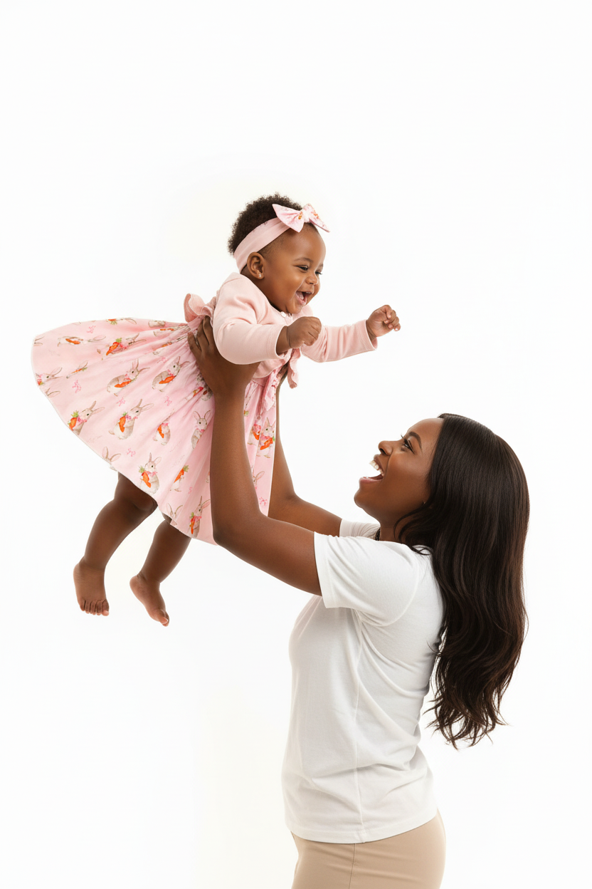 Maman soulevant bébé fille en ensemble rose BabyCoton — jupe plissée lapins carottes qui s'envole, cardigan volants et bandeau nœud, fond blanc