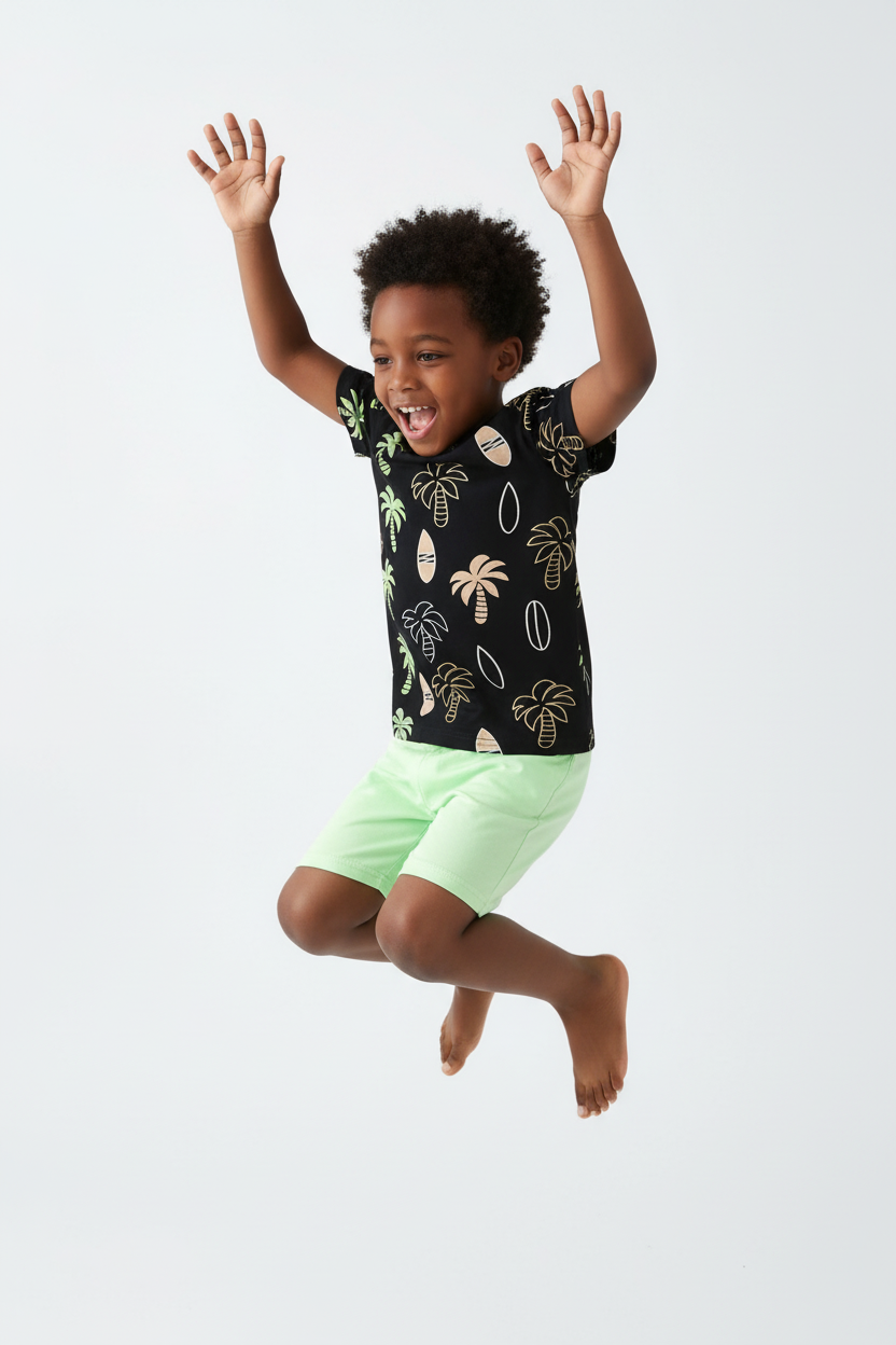 Garçon qui saute en ensemble palmiers tropicaux BabyCoton — t-shirt noir all-over palmiers surf et short vert fluo, mouvement dynamique fond blanc