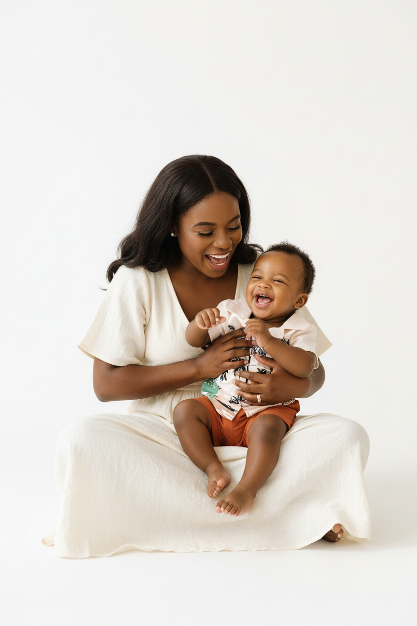 Maman et bébé garçon riant ensemble en ensemble dinosaures palmiers BabyCoton — chemise polo beige dinos palmiers et short terracotta, fond blanc