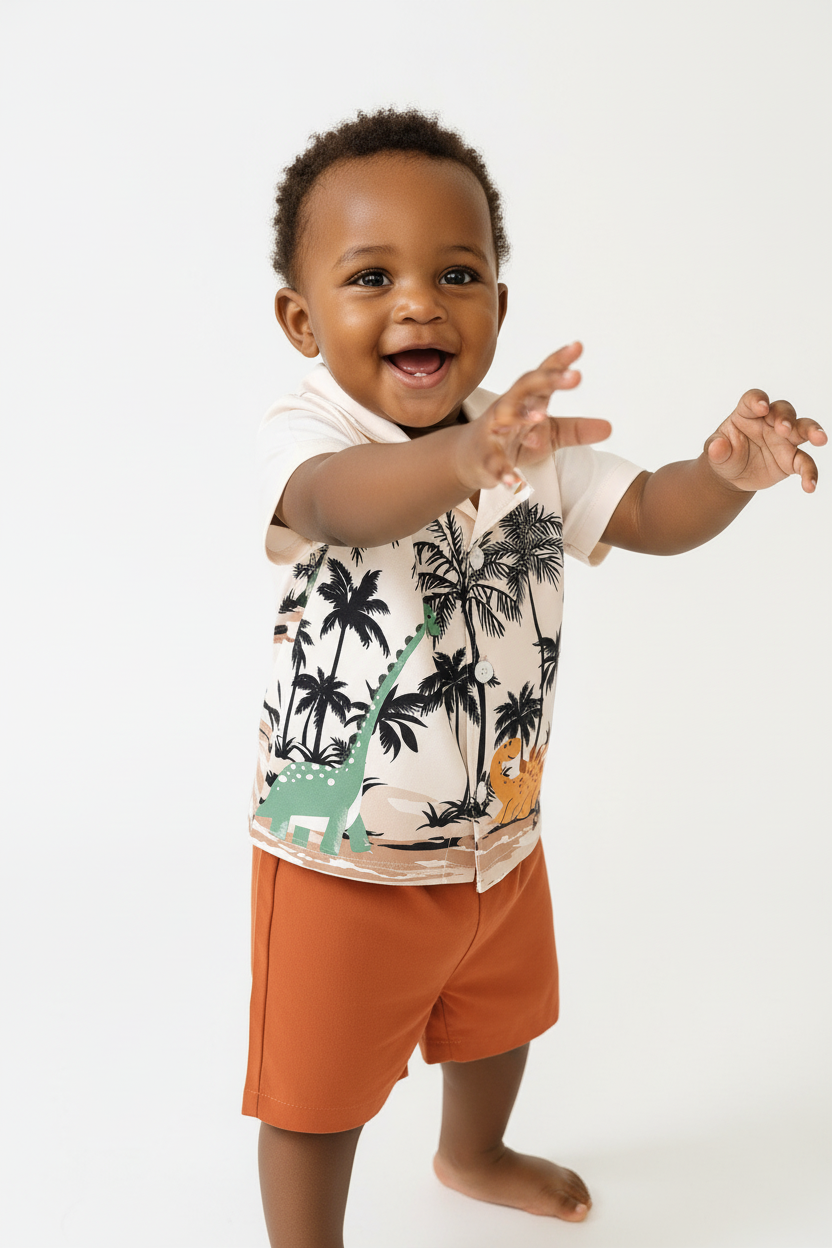 Bébé garçon en mouvement 3/4 en ensemble dinosaures palmiers BabyCoton — chemise polo beige imprimée et short terracotta, fond blanc