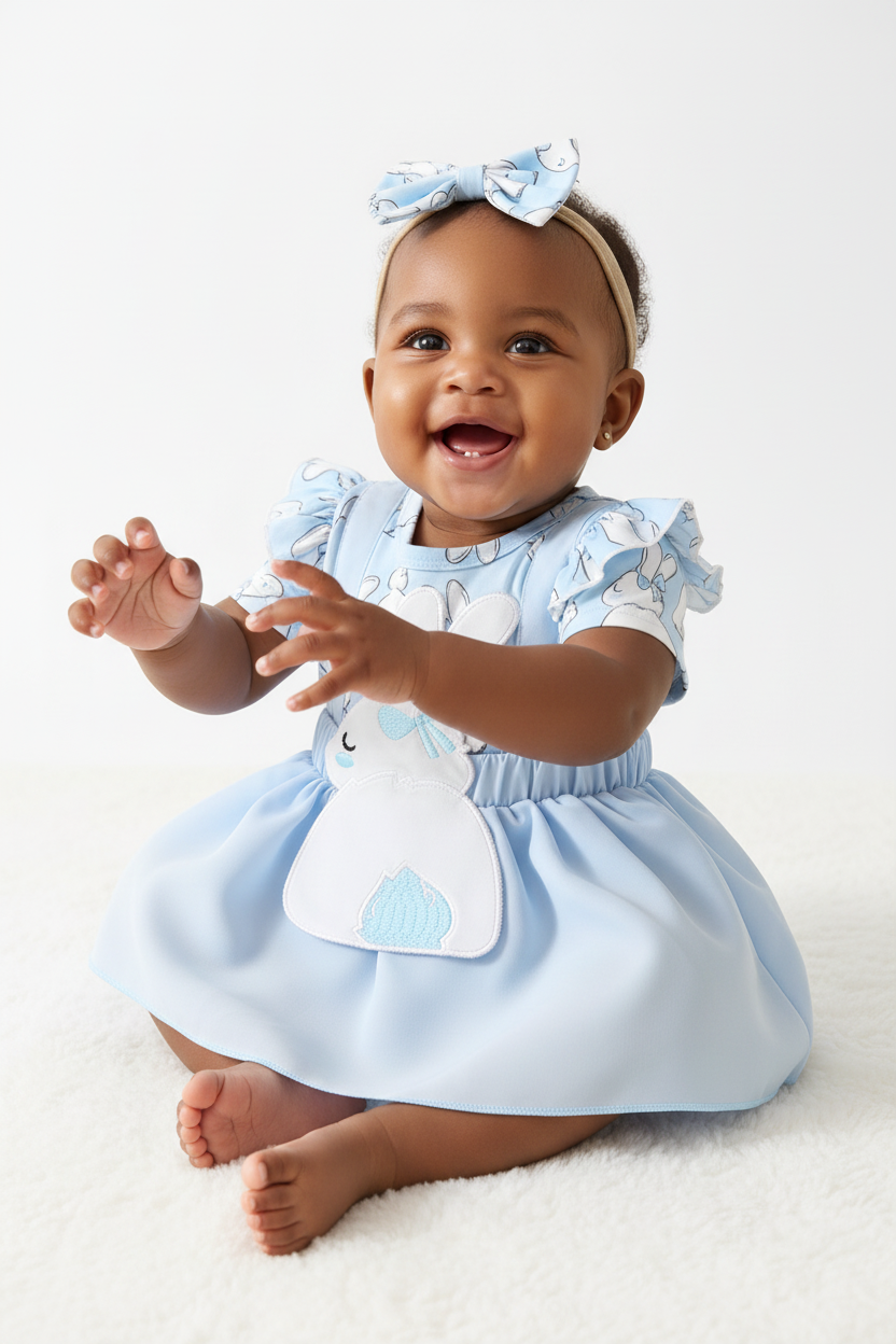 Bébé fille en mouvement 3/4 en robe-body lapin bleu ciel BabyCoton — imprimé lapins, appliqué 3D nœud et bandeau bleu, fond blanc