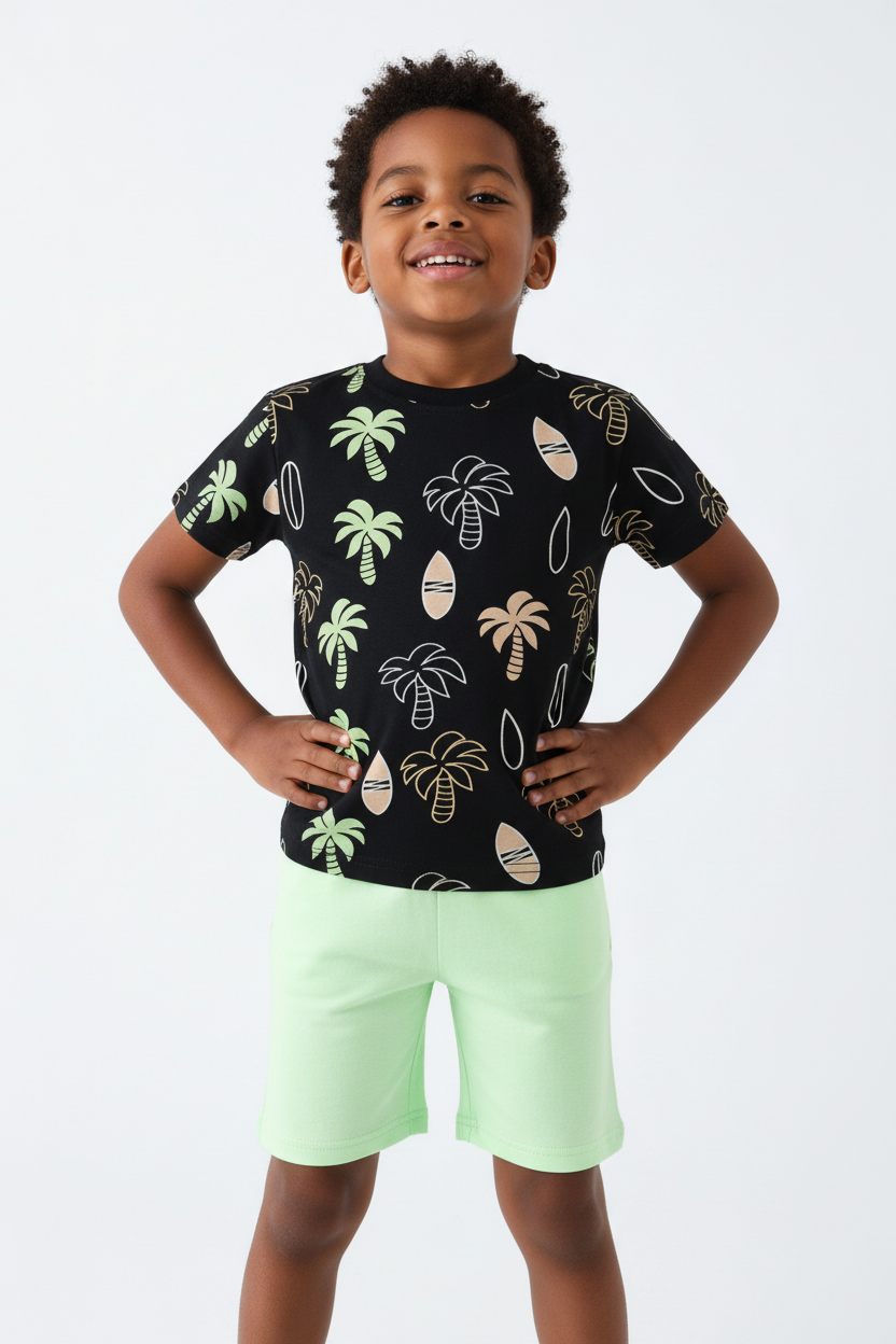 Angle bas garçon pose assurée — ensemble palmiers tropicaux BabyCoton, t-shirt noir all-over et short vert fluo, fond blanc