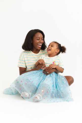 Robe Tulle Cœurs Colorés — Haut rayé & jupe tulle bleu pastel fillette