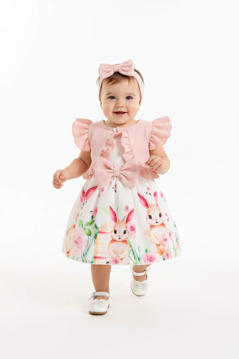 Bébé fille en ensemble 3 pièces robe blanche lapins aquarelle roses nœud rose boléro rose volants bandeau nœud - pose en marche - BabyCoton