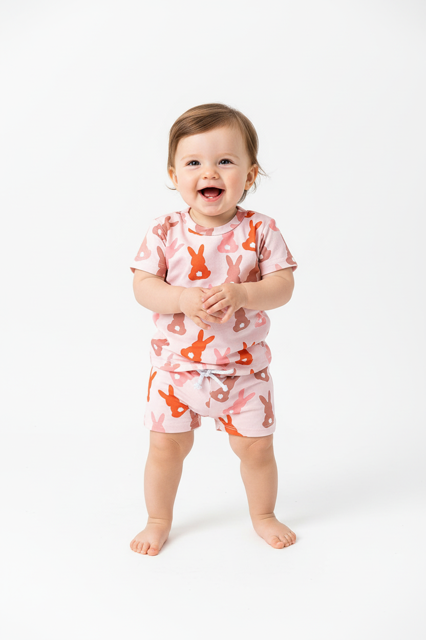 Bébé fille en ensemble 2 pièces lapins silhouettes rose orange - t-shirt rose manches courtes lapins orange roses petites fleurs blanches et short assorti cordon blanc - vue de face - BabyCoton