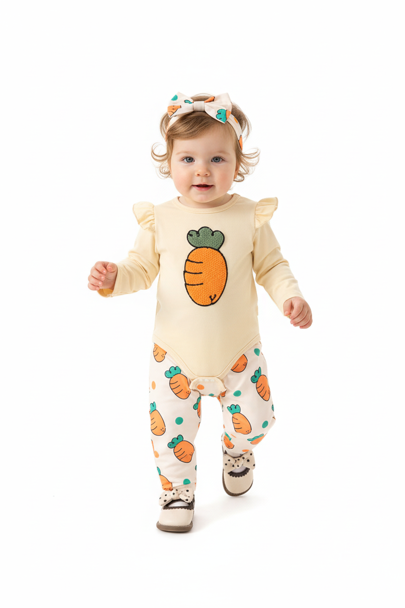 Bébé fille en ensemble carottes body crème volants carotte brodée pantalon blanc carottes colorées bandeau assorti - pose en marche - BabyCoton