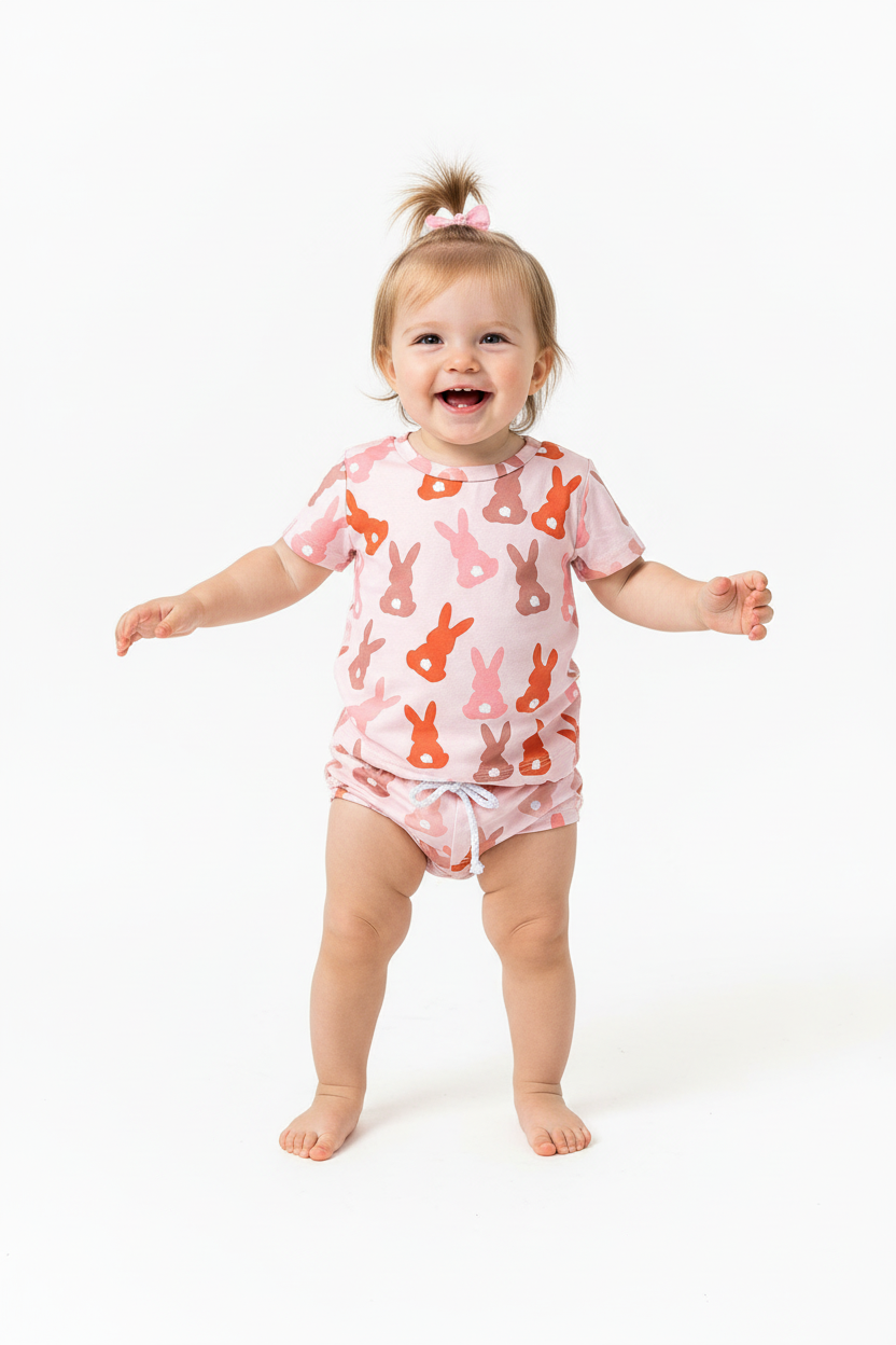 Bébé fille en ensemble 2 pièces lapins silhouettes rose gris - t-shirt rose manches courtes lapins gris roses petites fleurs blanches et short assorti cordon blanc - vue de face - BabyCoton