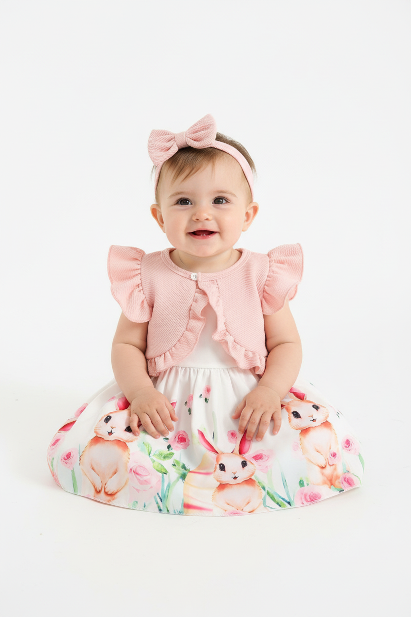 Bébé fille en ensemble robe blanche lapins roses boléro rose volants bandeau nœud - pose assise adorable expression douce - BabyCoton