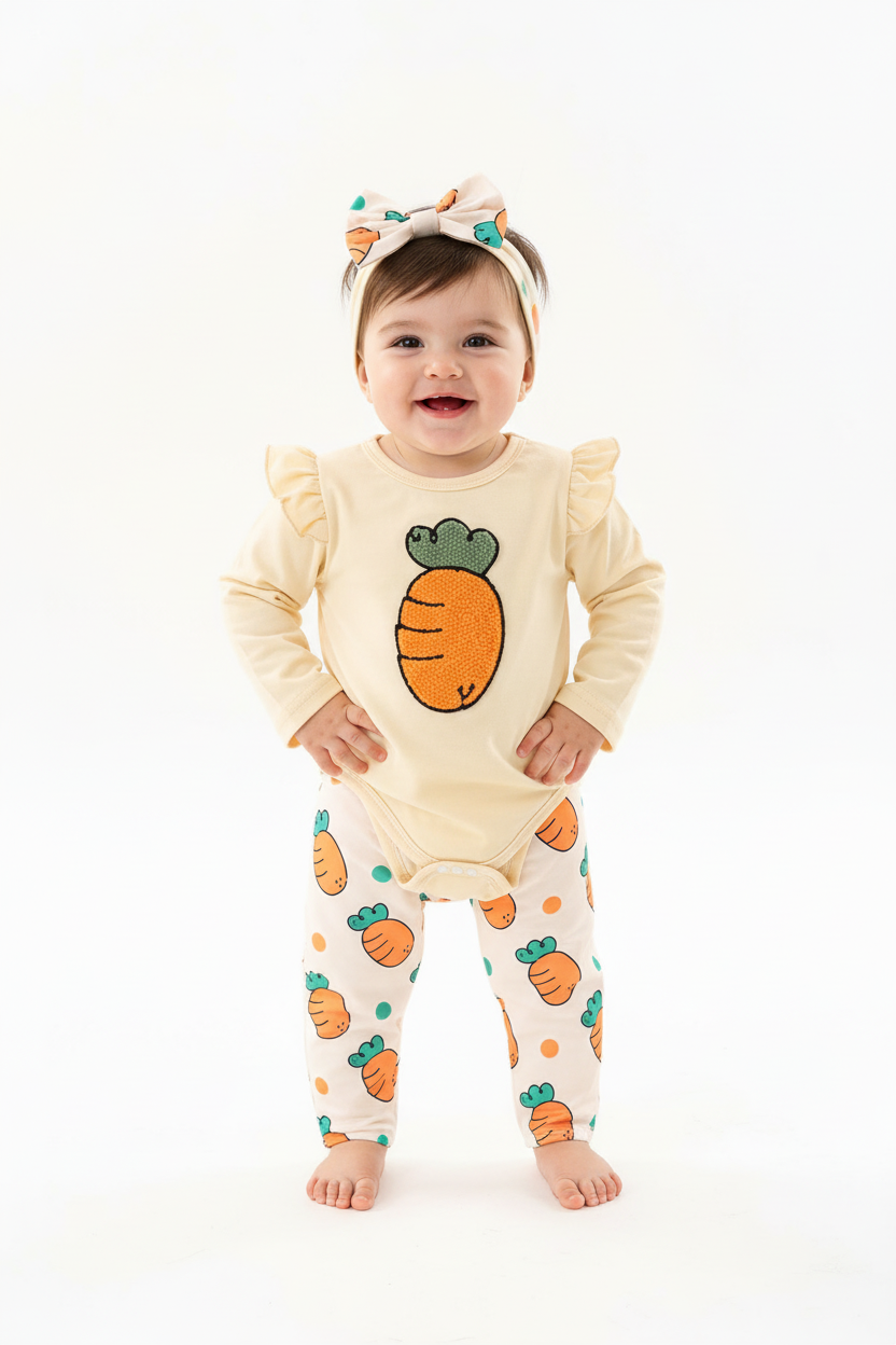 Bébé fille en ensemble 3 pièces carottes - body crème manches longues volantées grande carotte brodée orange, pantalon blanc carottes cartoon colorées points verts nœud taille et bandeau carottes - vue de face - BabyCoton