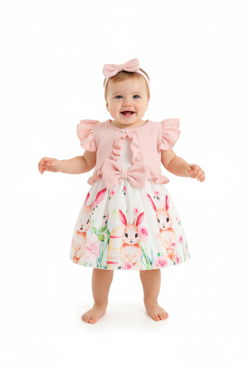 Bébé fille en ensemble 3 pièces robe blanche lapins aquarelle roses roses grand nœud rose texturé, boléro rose volants manches papillon et bandeau nœud rose - vue de face - BabyCoton
