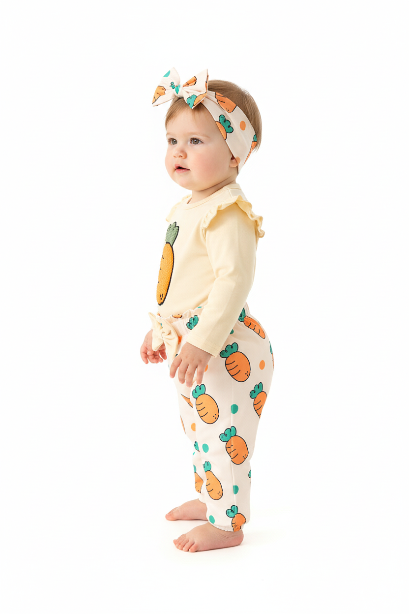 Bébé fille en ensemble carottes body crème volants carotte brodée et pantalon blanc carottes bandeau assorti - vue de côté - BabyCoton