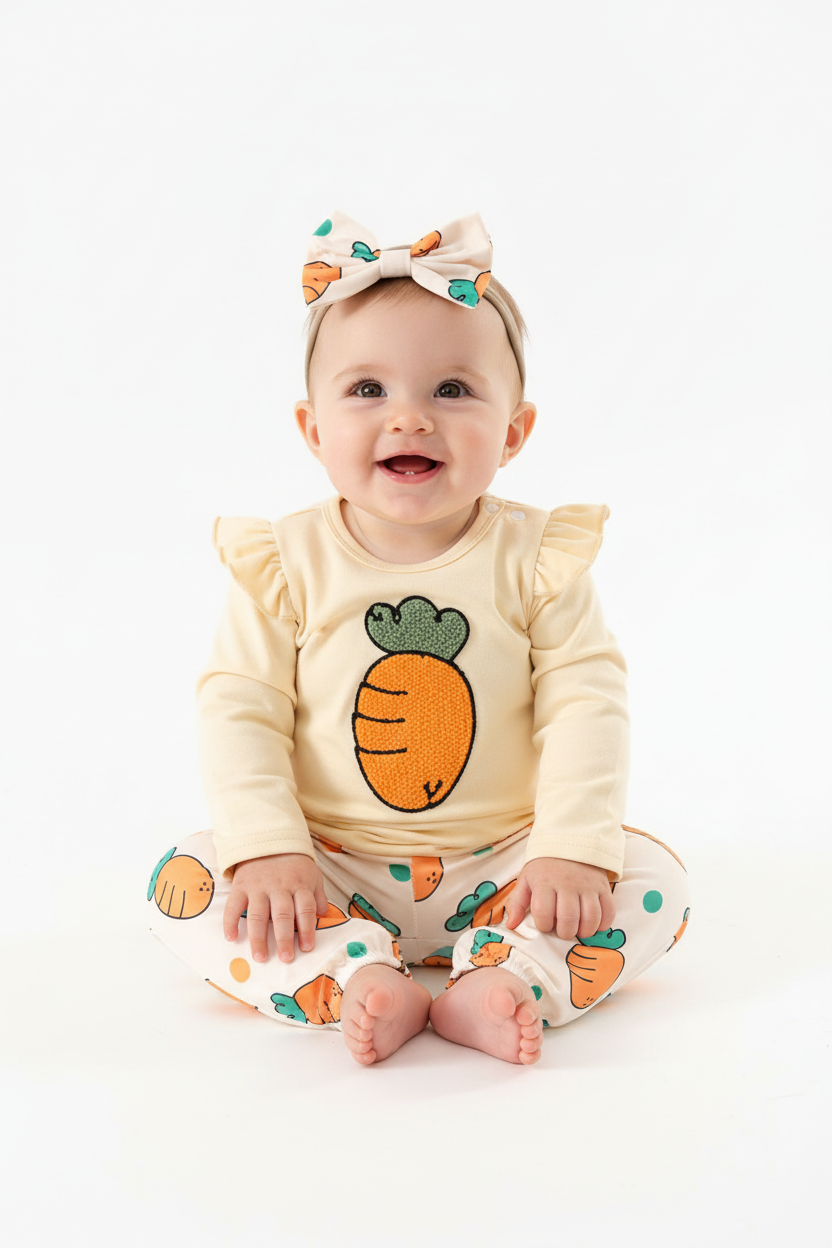 Bébé fille en ensemble carottes body crème carotte brodée pantalon blanc carottes colorées - pose assise adorable expression douce - BabyCoton