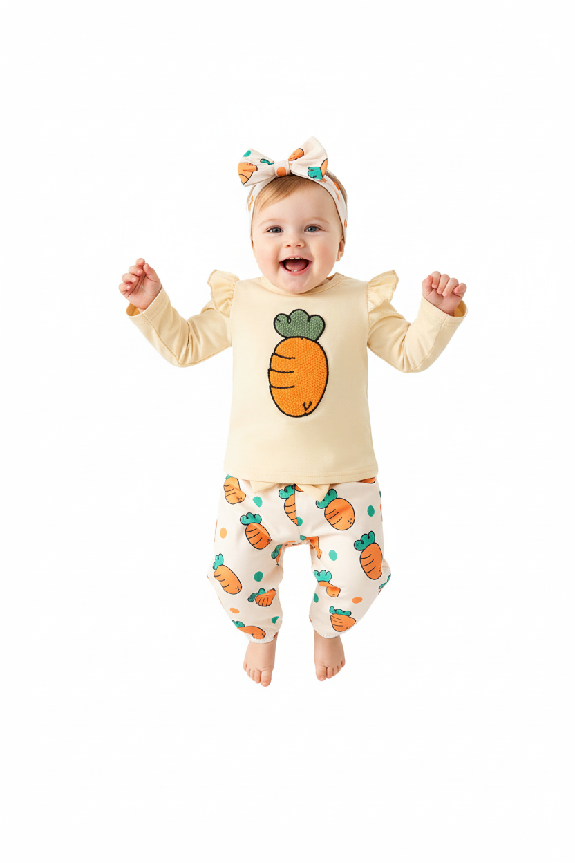 Bébé fille en ensemble carottes body crème volants pantalon blanc carottes - pose saut joyeux expression heureuse - BabyCoton