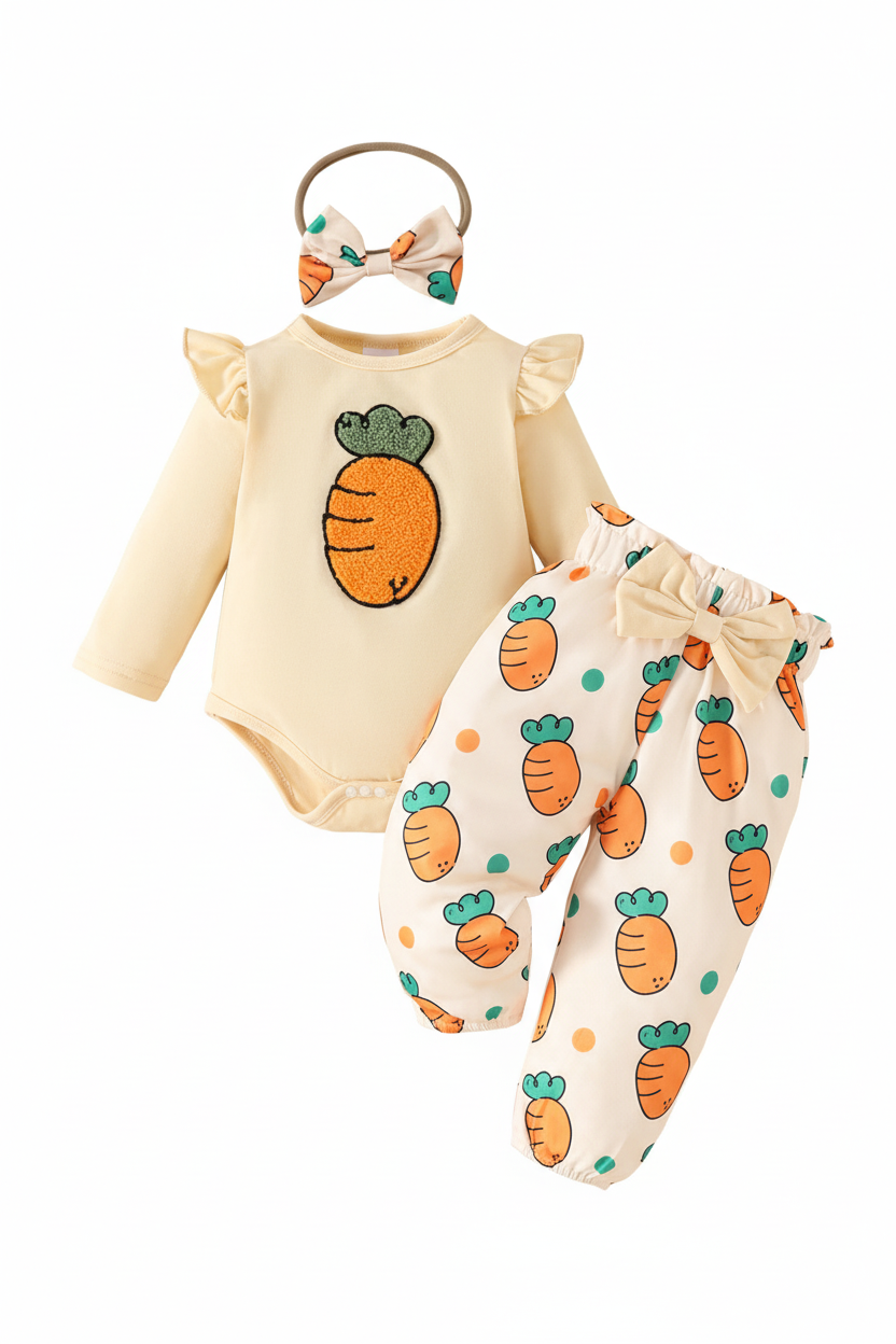 Bébé fille en ensemble carottes - vue trois-quarts détail carotte brodée orange texturée et manches longues volantées romantiques - BabyCoton