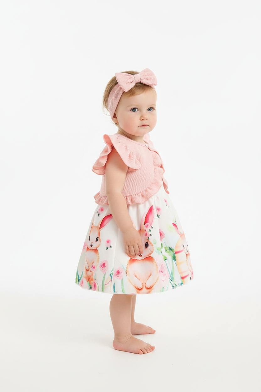 Bébé fille en ensemble robe blanche lapins roses nœud rose et boléro rose volants bandeau nœud - vue de côté - BabyCoton