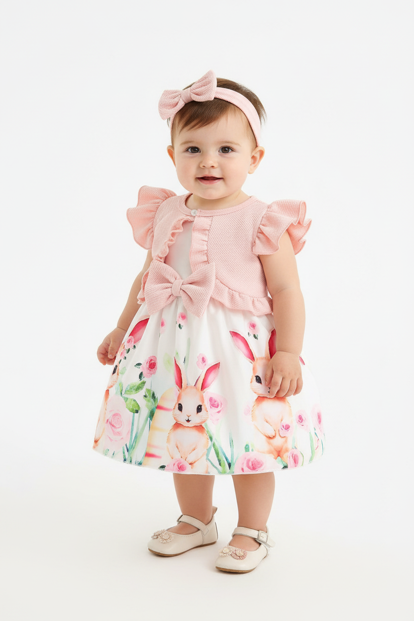 Bébé fille en ensemble robe blanche lapins roses - vue trois-quarts détail imprimé lapins aquarelle roses roses et grand nœud rose texturé - BabyCoton