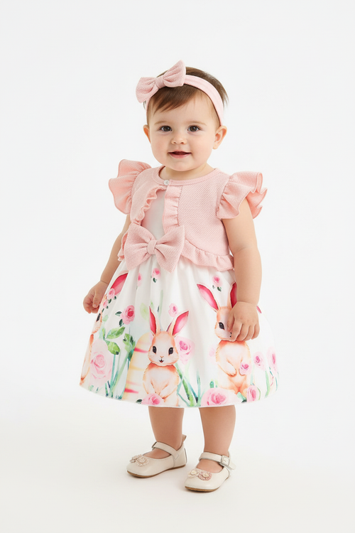 Bébé fille en ensemble robe blanche lapins roses - vue trois-quarts détail imprimé lapins aquarelle roses roses et grand nœud rose texturé - BabyCoton