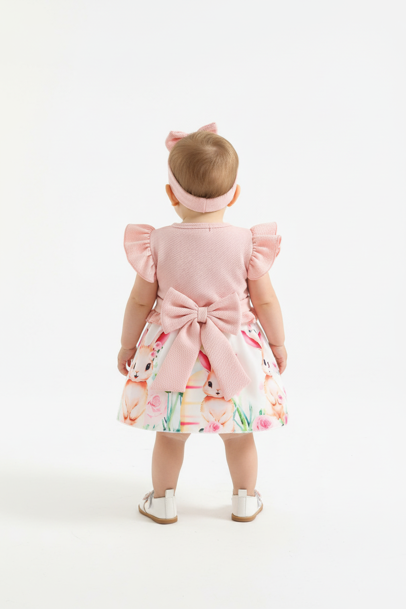 Bébé fille en ensemble robe lapins roses boléro rose - vue de dos montrant volants boléro manches papillon et bandeau nœud rose - BabyCoton