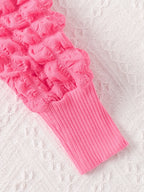 Cadeau fille robe rose honey côtelée - manches bouffantes texturées pompons rose vif texte honey cursif blanc jupe évasée - robe originale pour petite fille adorable - BabyCoton
