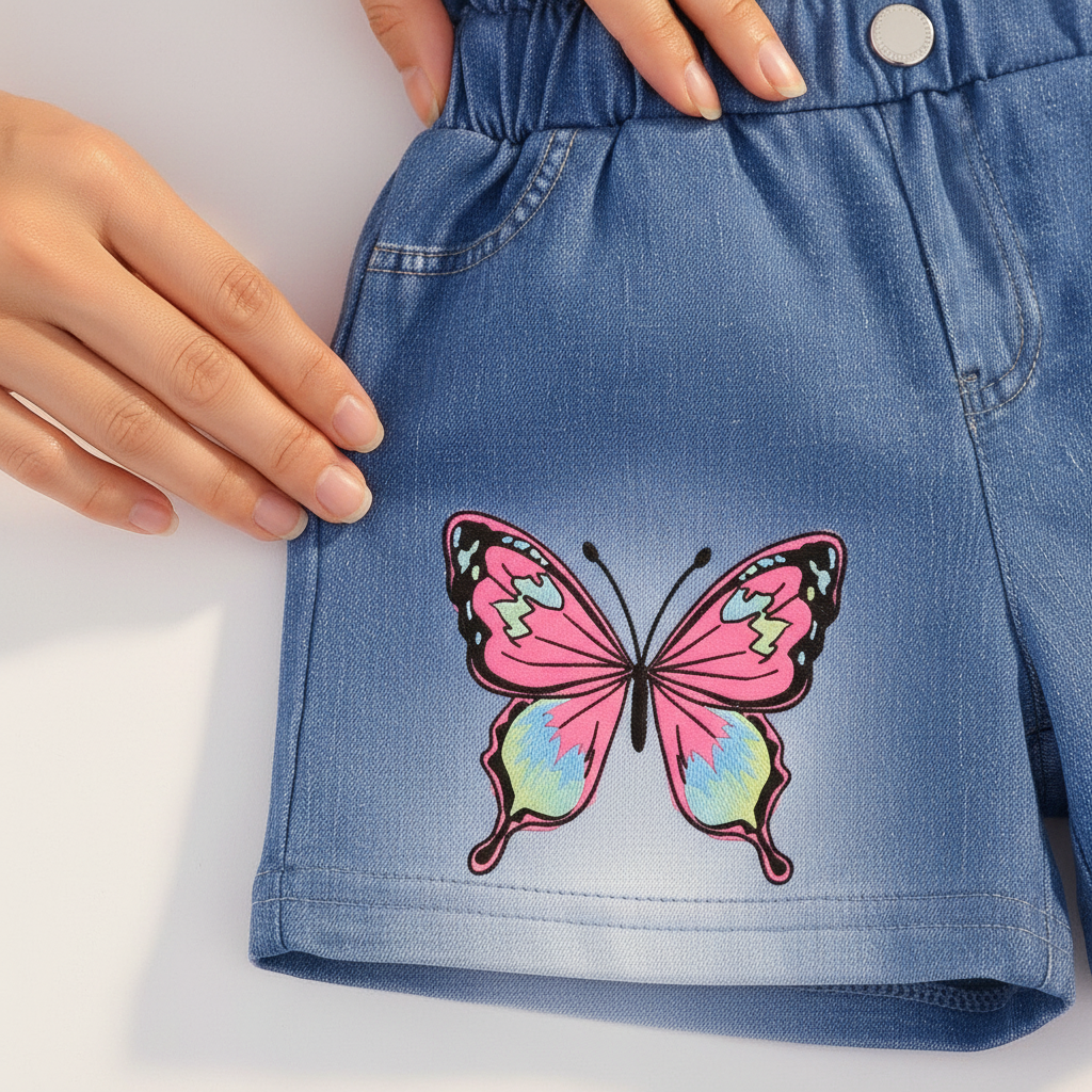 Détail broderie papillon sur short jean bébé fille bleu — finitions premium, coton doux qualité boutique enfant BabyCoton