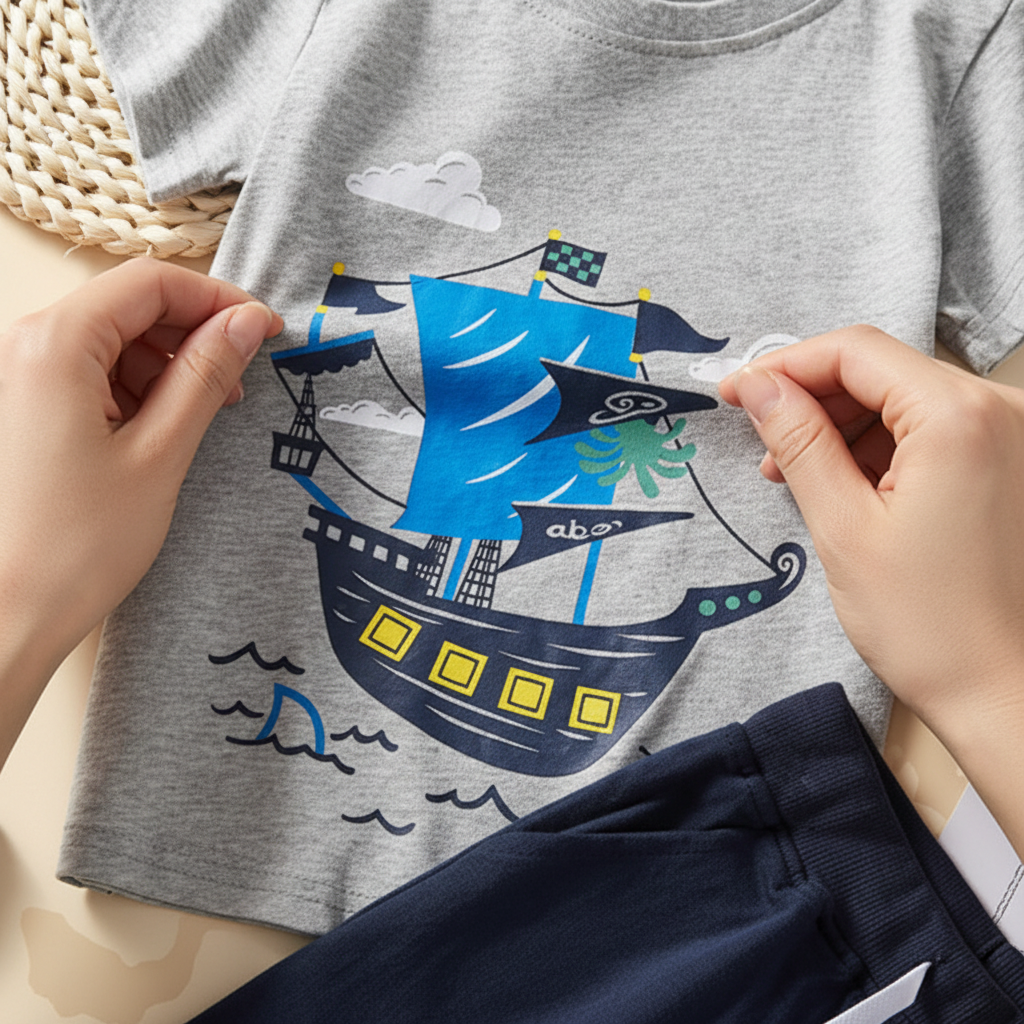 Détail imprimé bateau pirate sur t-shirt bébé garçon gris — voiles bleues coque marine drapeau, coton doux qualité boutique BabyCoton