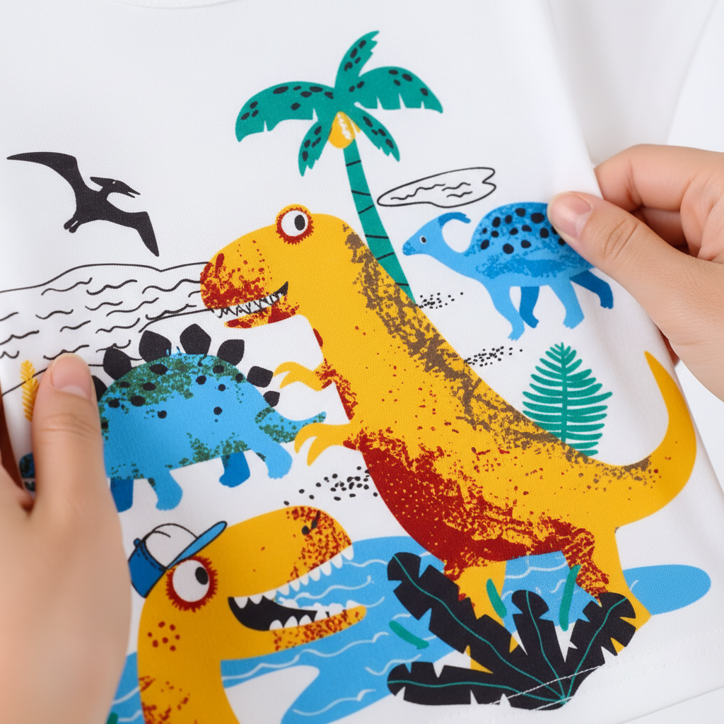 Détail imprimé dinosaures colorés sur t-shirt bébé garçon blanc — T-Rex jaune stégosaure bleu palmiers, coton doux qualité boutique BabyCoton