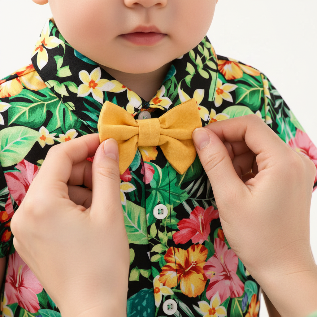 Détail nœud papillon jaune sur chemise bébé garçon tropicale noire — imprimé fleurs hibiscus premium, coton doux qualité boutique enfant