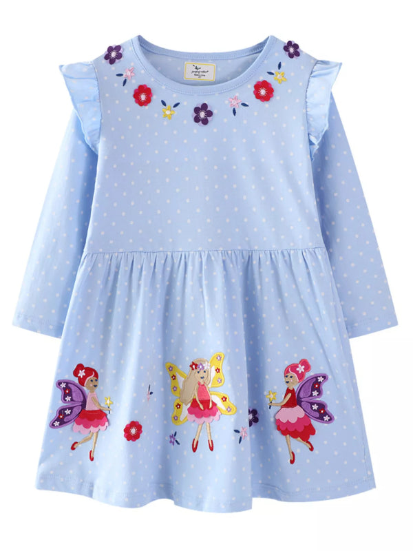 Robe à pois avec fée brodée et volants pour petite fille - vue de face - manches longues 100% coton - style féerique élégant - BabyCoton Suisse
