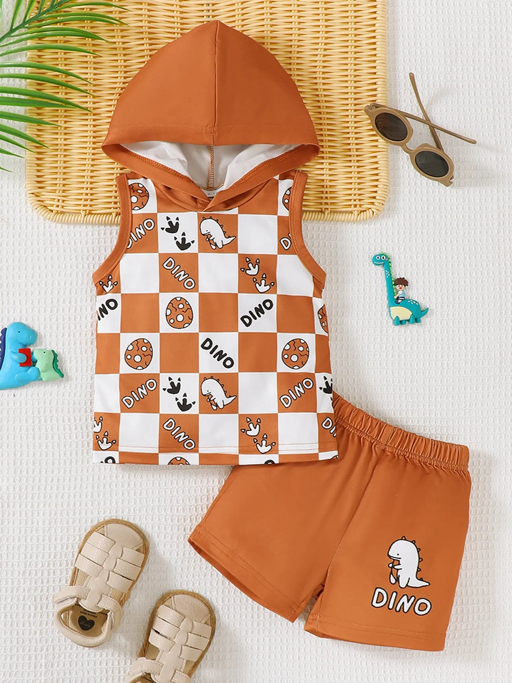 Ensemble débardeur à capuche dinosaure à carreaux et short pour enfant - tenue été légère - BabyCoton

