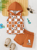 Ensemble débardeur à capuche dinosaure à carreaux et short pour enfant - tenue été légère - BabyCoton
