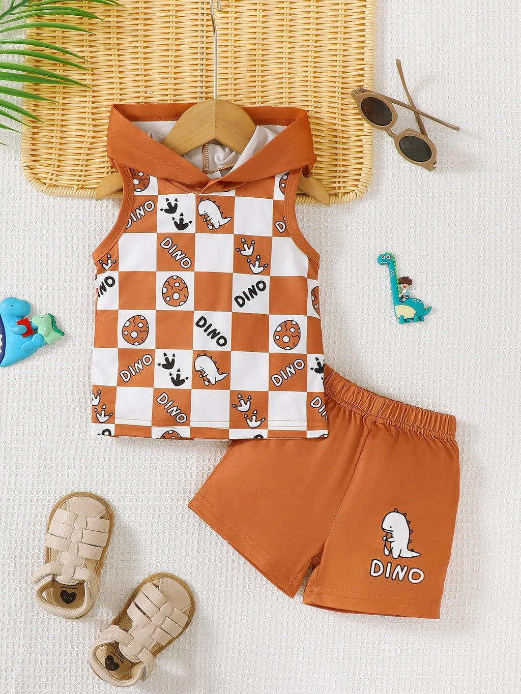 Ensemble débardeur à capuche dinosaure à carreaux et short pour enfant - tenue été légère - BabyCoton
