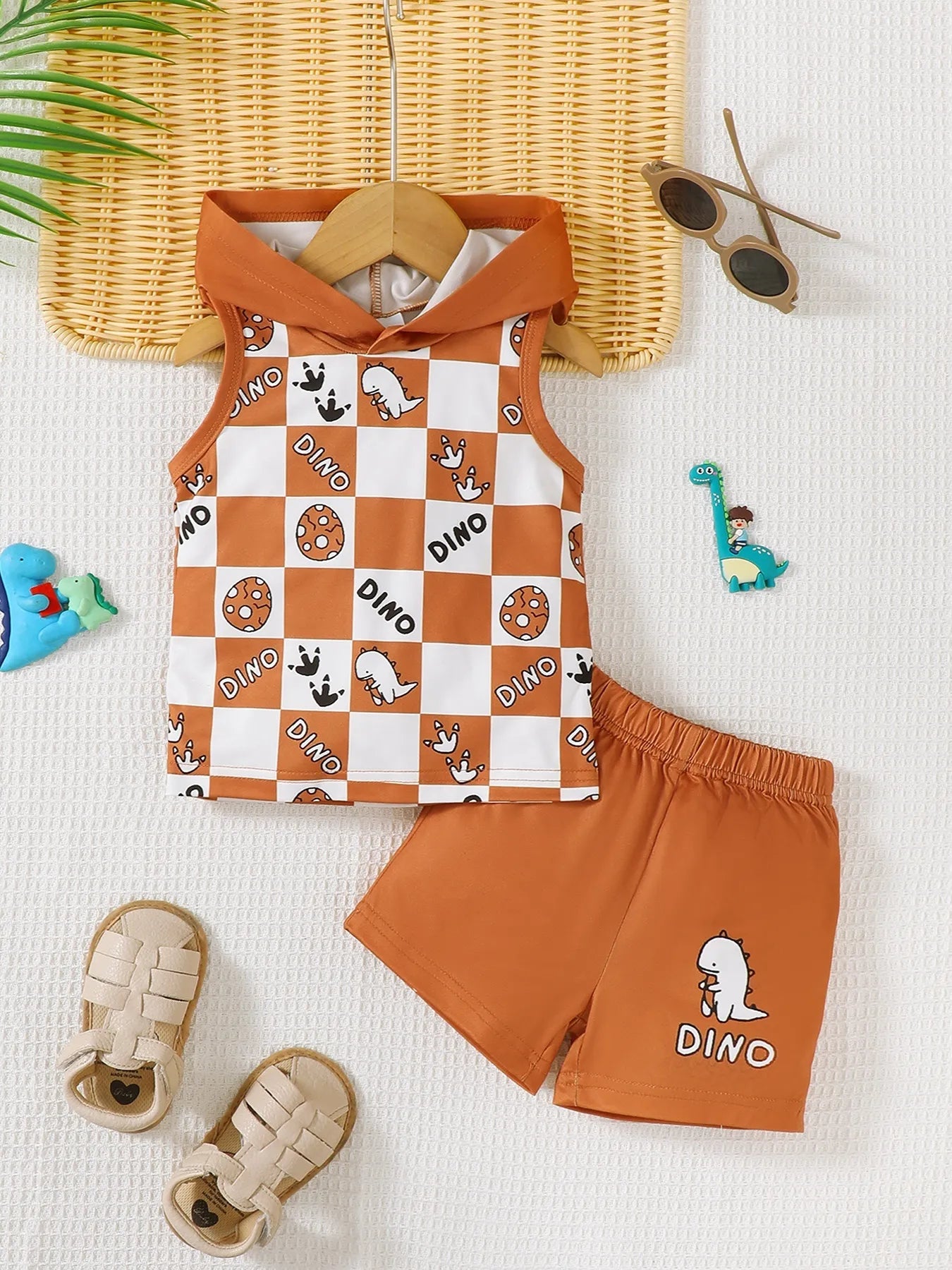 Ensemble débardeur à capuche dinosaure à carreaux et short pour enfant - tenue été légère - BabyCoton
