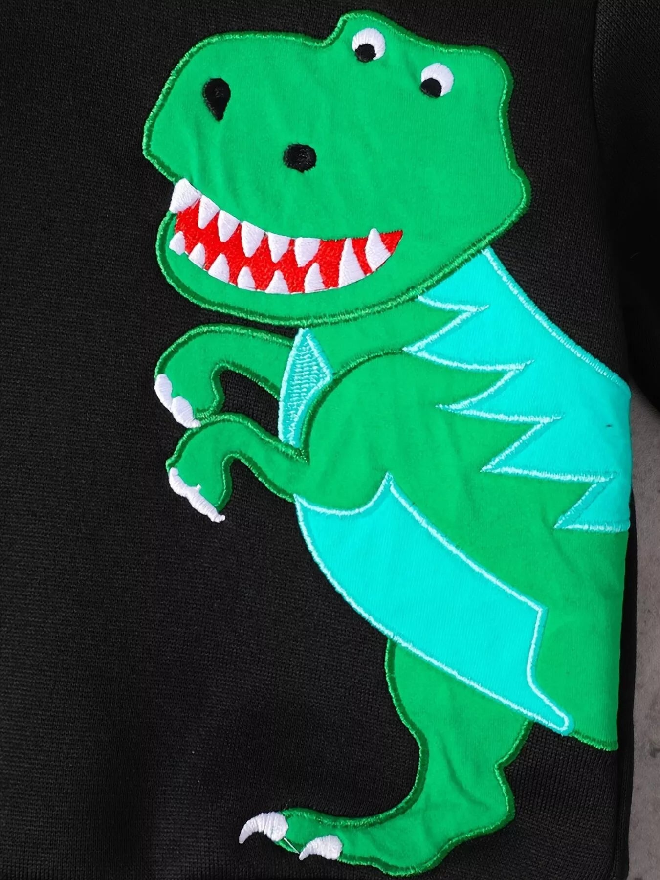 Gros plan graphisme dinosaure sur hoodie enfant - design détaillé et moderne - vêtements BabyCoton
