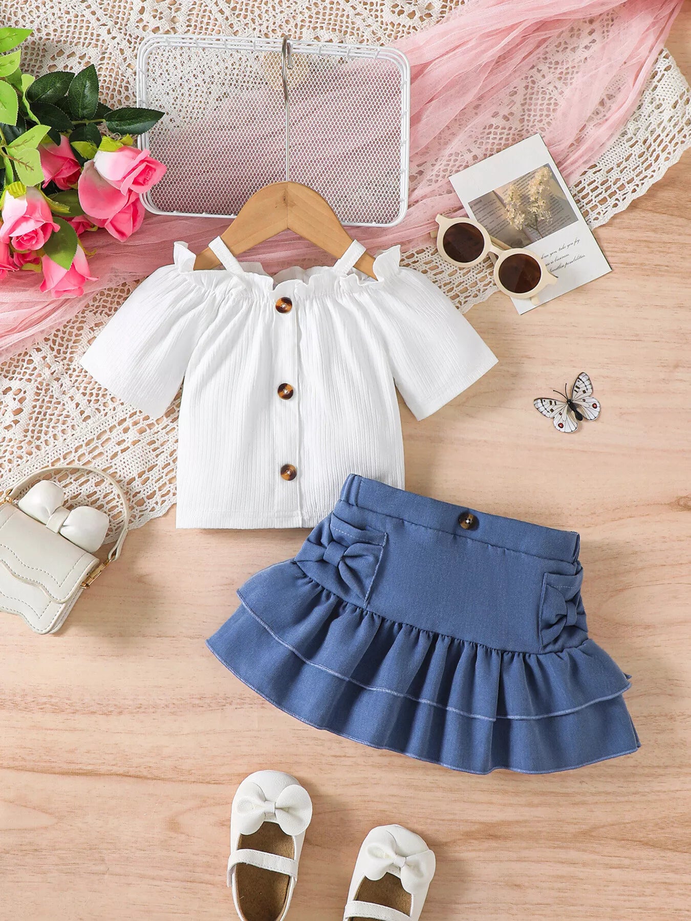 Tenue complète bébé fille - ensemble denim et top épaules dénudées
