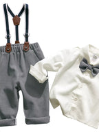 👔 Adorable enfant portant ensemble chemise boutonnée classique élégante col soigné et salopette vintage rétro bretelles ajustables - tenue complète petit gentleman sophistiqué - tissu doux respirant confort - style intemporel raffiné - vêtements premium qualité occasions spéciales BabyCoton Suisse
