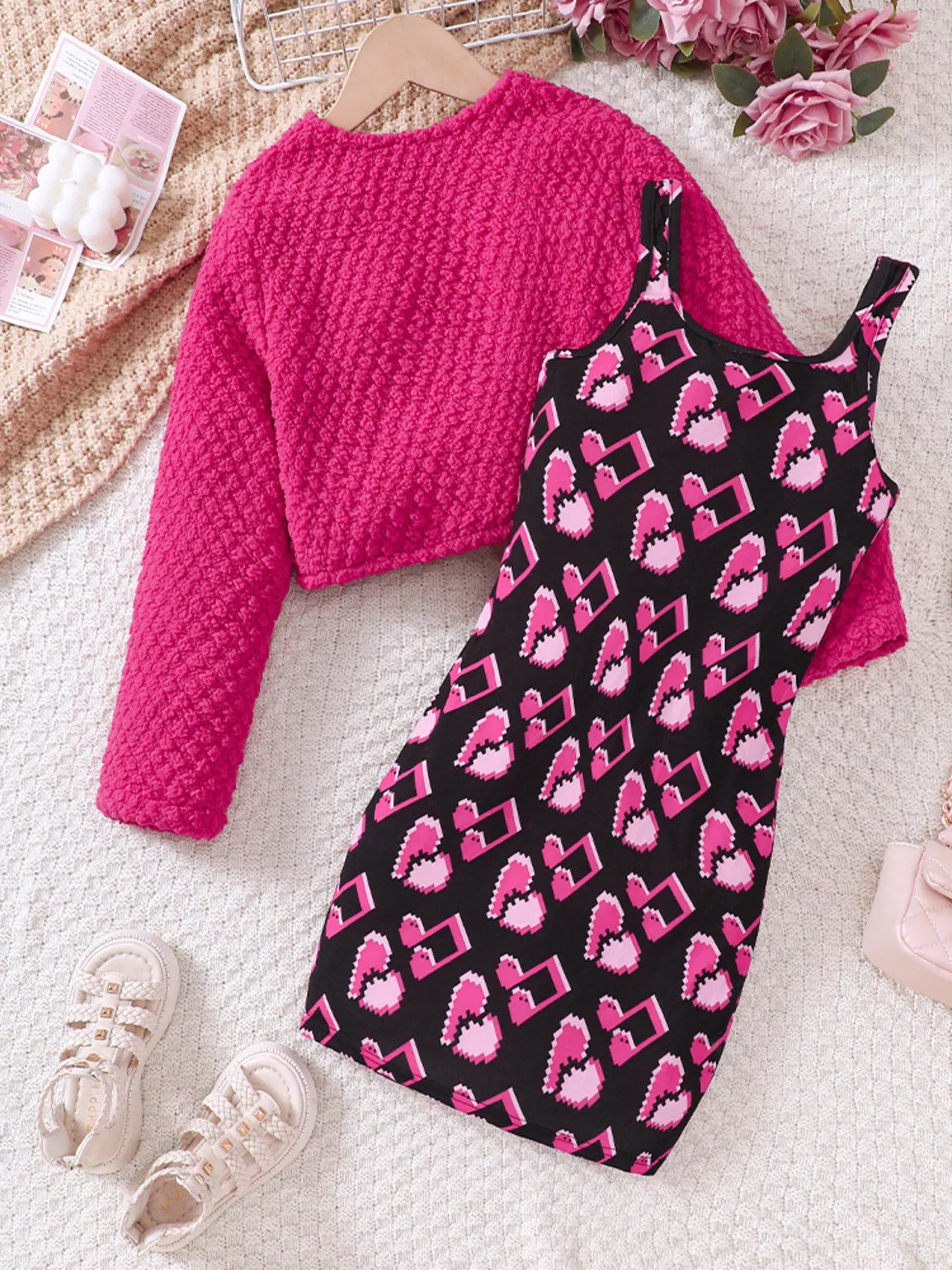 👗 Vue complète ensemble 2 pièces robe imprimée cardigan coordonnés fille - coupe flatteuse silhouette élégante féminine - tissu doux confortable - design polyvalent mi-saisons - style raffiné sophistiqué - vêtements premium BabyCoton Suisse
