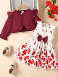 🎀 Adorable petite fille portant ensemble 2 pièces robe nœud adorable romantique et cardigan à volants délicats féminins - tenue complète princesse élégante - tissus doux confortables - silhouette flatteuse raffinée - style romantique sophistiqué - vêtements premium qualité occasions spéciales BabyCoton Suisse
