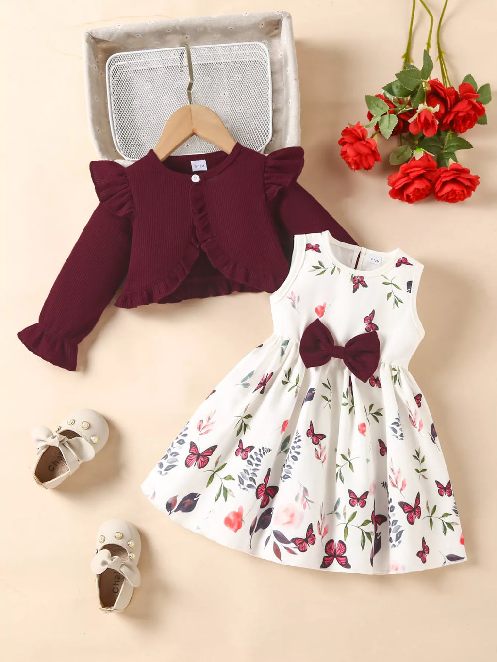 🌸 Vue complète ensemble 2 pièces robe nœud cardigan à volants coordonnés fille - coupe flatteuse silhouette élégante féminine - tissus doux confortables - design romantique raffiné complet - style polyvalent printemps été - vêtements premium BabyCoton Suisse
