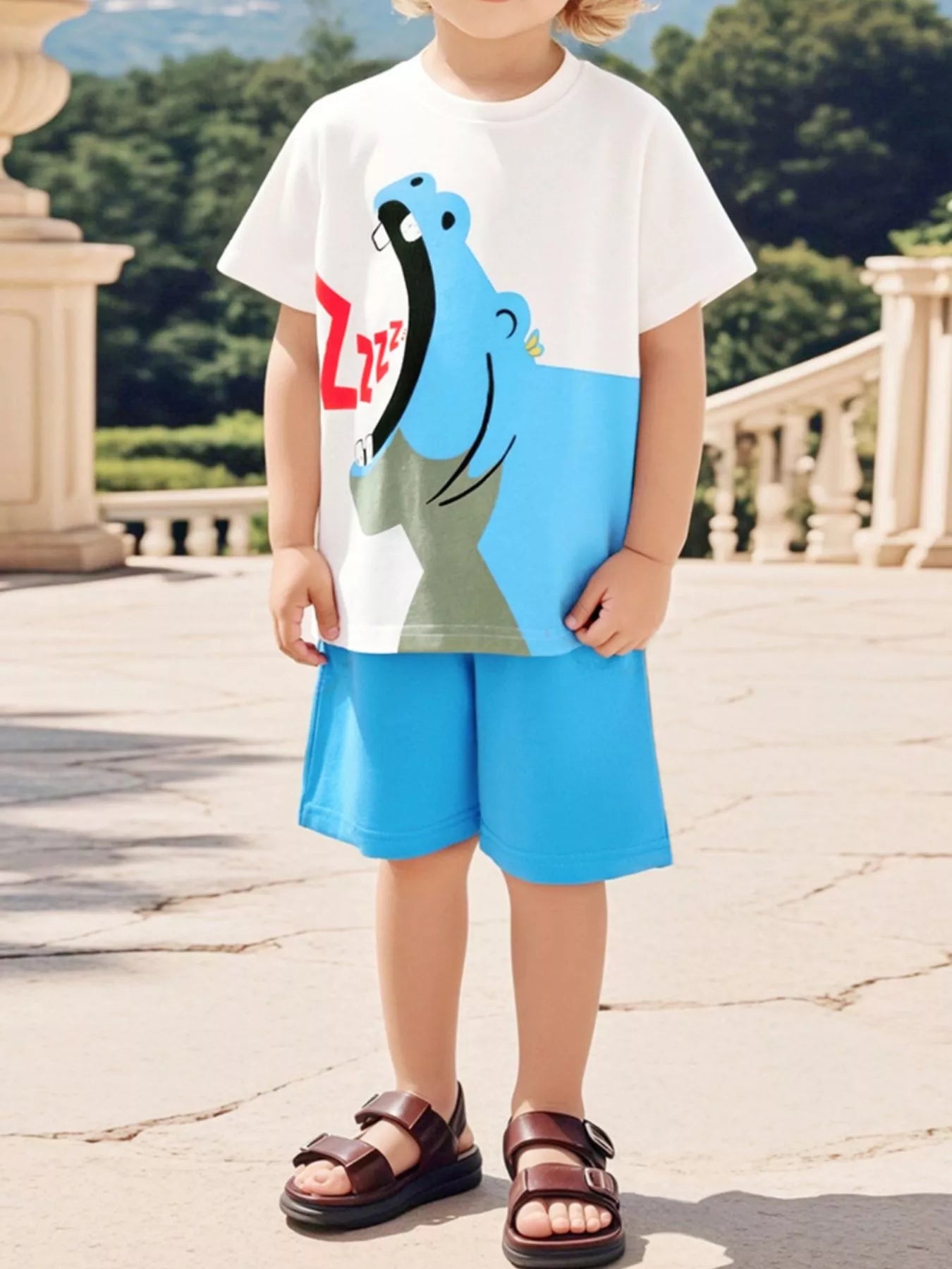 Ensemble enfant top hippopotame et short - vue avant Ensemble enfant top manches courtes motif hippopotame mignon et short assorti - vue avant complète - tenue confortable pour jeu et parc
