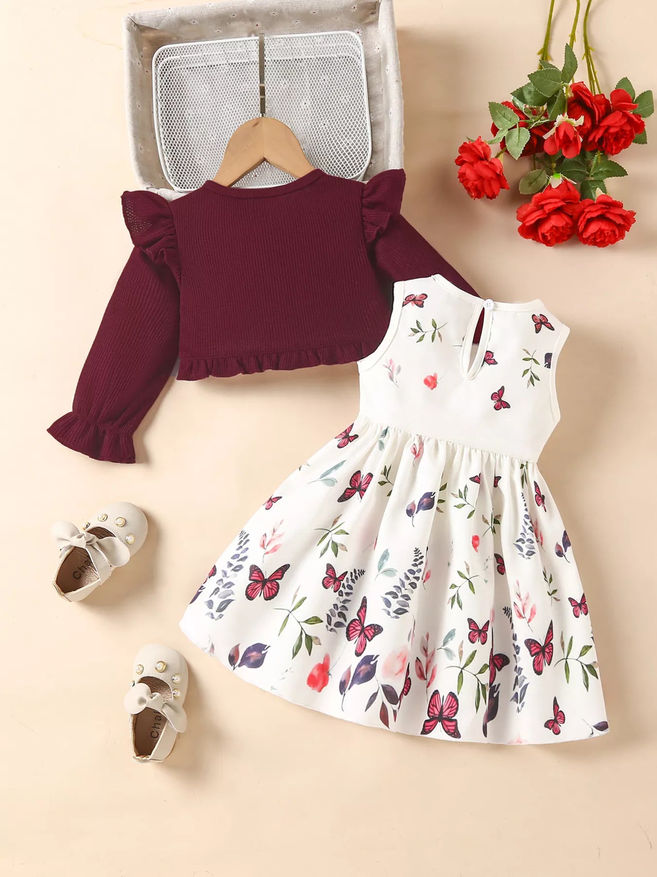 🌸 Vue complète ensemble 2 pièces robe nœud cardigan à volants coordonnés fille - coupe flatteuse silhouette élégante féminine - tissus doux confortables - design romantique raffiné complet - style polyvalent printemps été - vêtements premium BabyCoton Suisse
