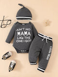 👶 Adorable bébé portant ensemble 3 pièces body lettres mignon, pantalon et chapeau coordonnés - tenue complète élégante - tissu ultra-doux coton peau délicate - design moderne adorable - confort absolu - vêtements premium qualité BabyCoton Suisse
