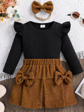 Ensemble 3 pièces haut côtelé jupe nœud et bandeau pour petite fille - vue complète - tenue élégante - BabyCoton

